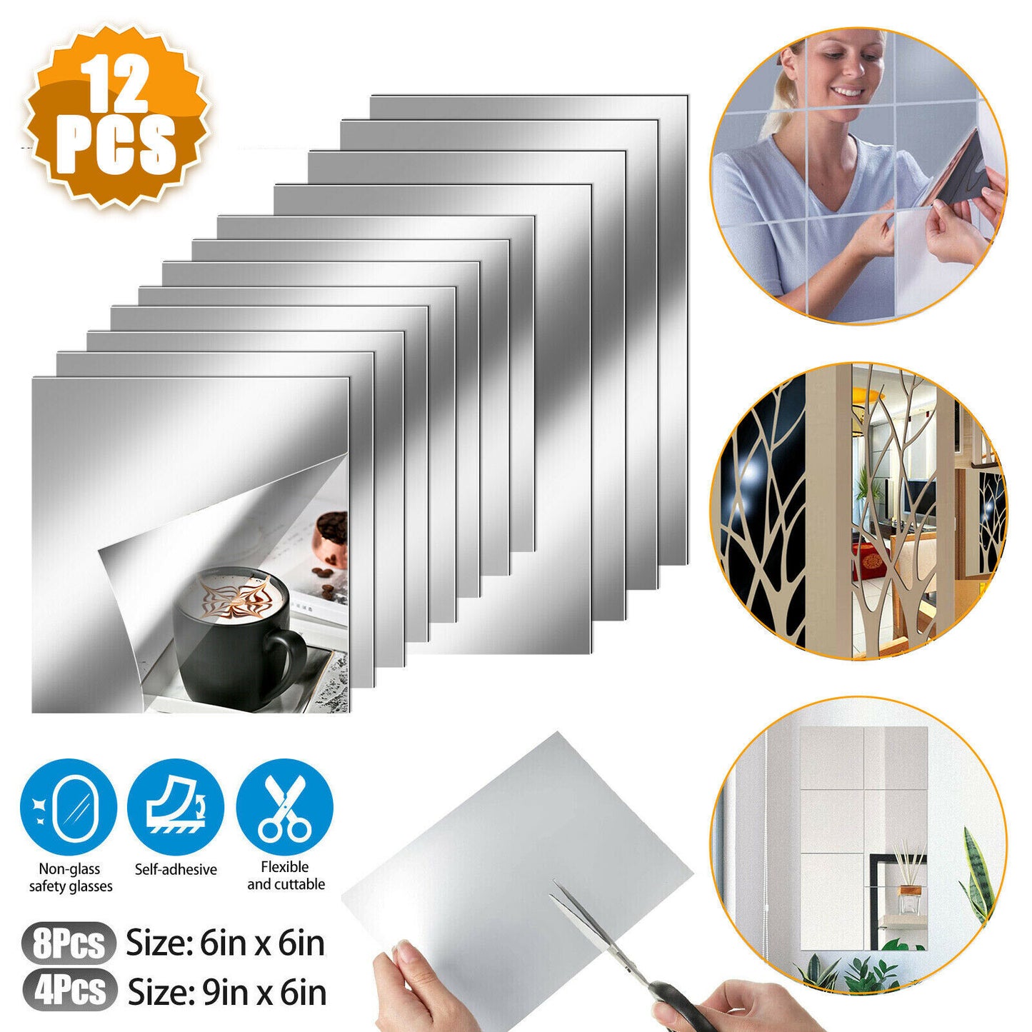 12PCS Self Adhesive Mirror Reflective Wall Sticker Film Paper Home Kitchen Decor