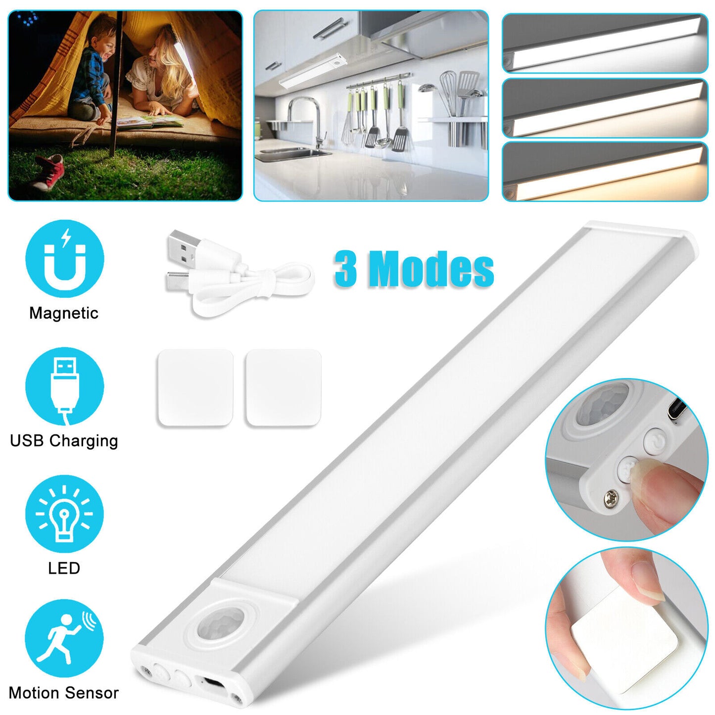 LED Motion Sensor Under Cabinet Closet Light USB Rechargeable Kitchen Night Lamp