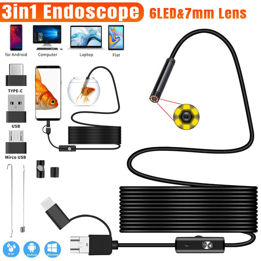 6LED USB Snake Endoscope Borescope HD Inspection Camera Scope for Android Type C