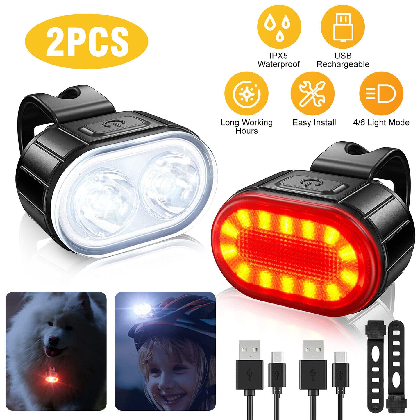 USB Rechargeable LED Bicycle Headlight Bike Front Rear Light Cycling Lamp Set