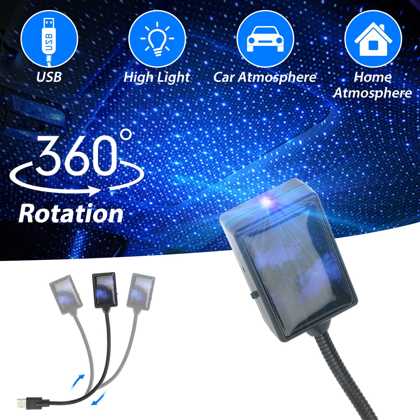 USB Car Interior Atmosphere Starry Sky Lamp Ambient Star LED Projector Light US