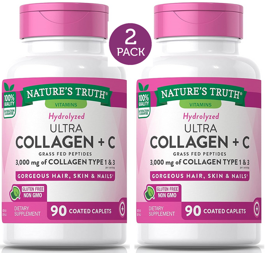 2 Pack Ultra Collagen 3000mg 180 Caplets (2x90) Hair Skin Nails Type 1 -3 +Vit C