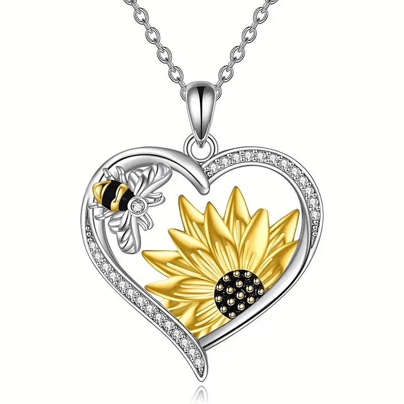 Exquisite Hollow Zircon Bee Sunflower Pendant Necklace Women Party Gift Fashion