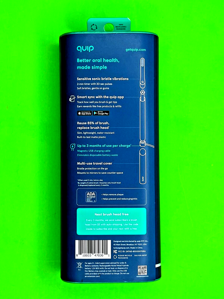 Quip Rechargeable Electric Toothbrush Smart Timed Sonic Vibration Ocean Blue NEW