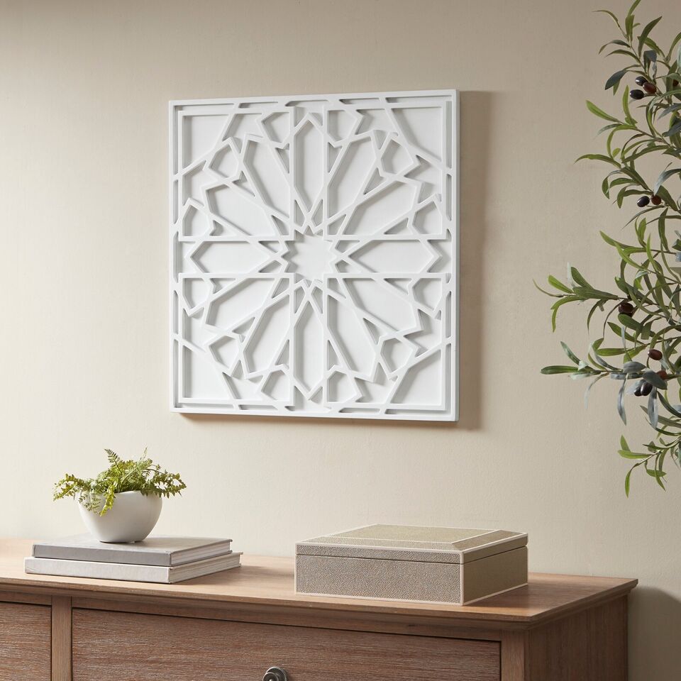 White Medallion Wood Wall Art,Square Carved Framed Home Decor for Living Room