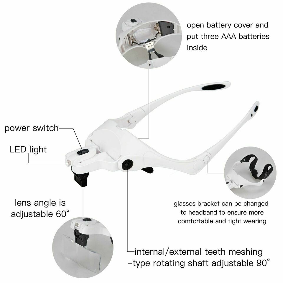 Magnifying Glass LED Light Head Loupe Jeweler Watch Bright Magnifier with 5 Lens