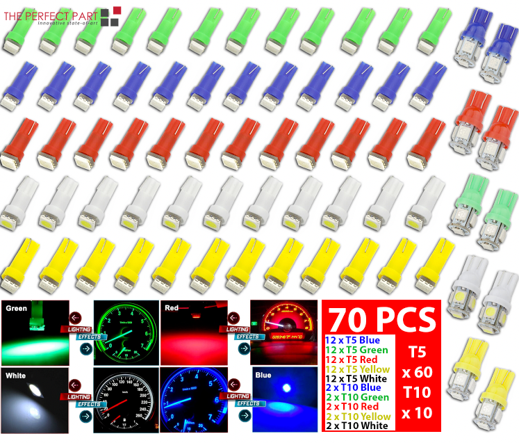 70PCS T5 T10 5050-SMD LED Speedometer Instrument Gauge Cluster Dash Light Bulbs