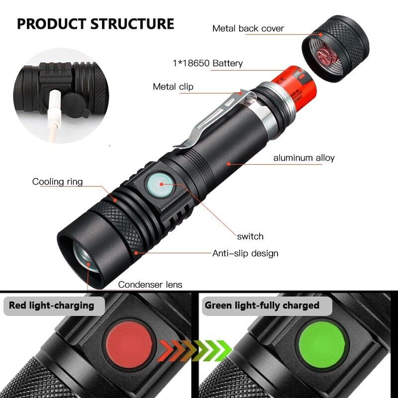 Super Bright 90000LM LED Tactical Flashlight Zoomable With Rechargeable Battery