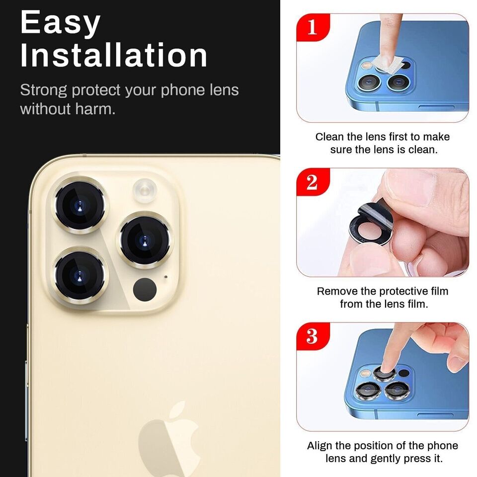 For iPhone 14 15 Pro Max Plus Metal Ring Tempered Glass HD Camera Lens Protector