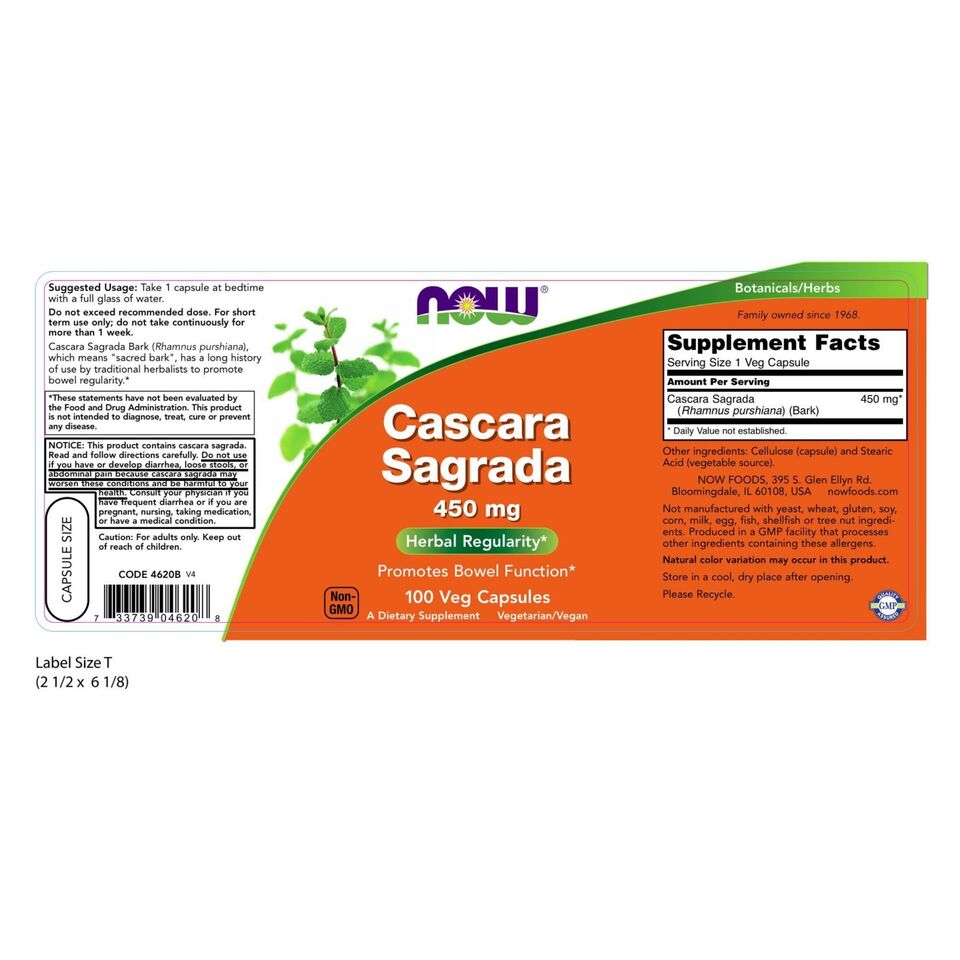 NOW Foods Cascara Sagrada, 450 mg, 100 Veg Capsules