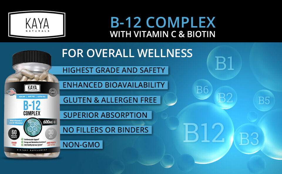 B-12 Complex 60ct, Vitamins B1, B2, B3, B5, B6, B8 & B12, Energy, Metabolism Aid