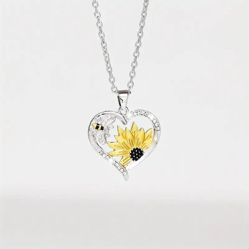 Exquisite Hollow Zircon Bee Sunflower Pendant Necklace Women Party Gift Fashion