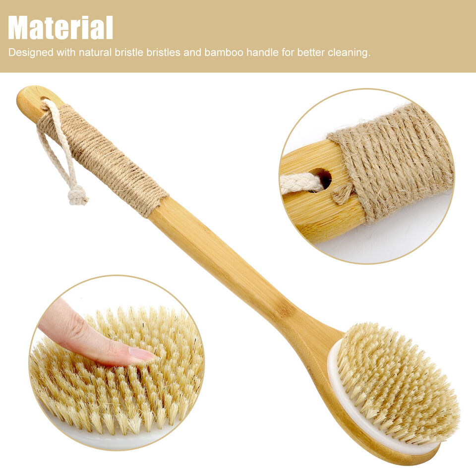 Bath Body Brush Soft Bristles Shower Back Scrubber Anti-slip Long Bamboo Handle