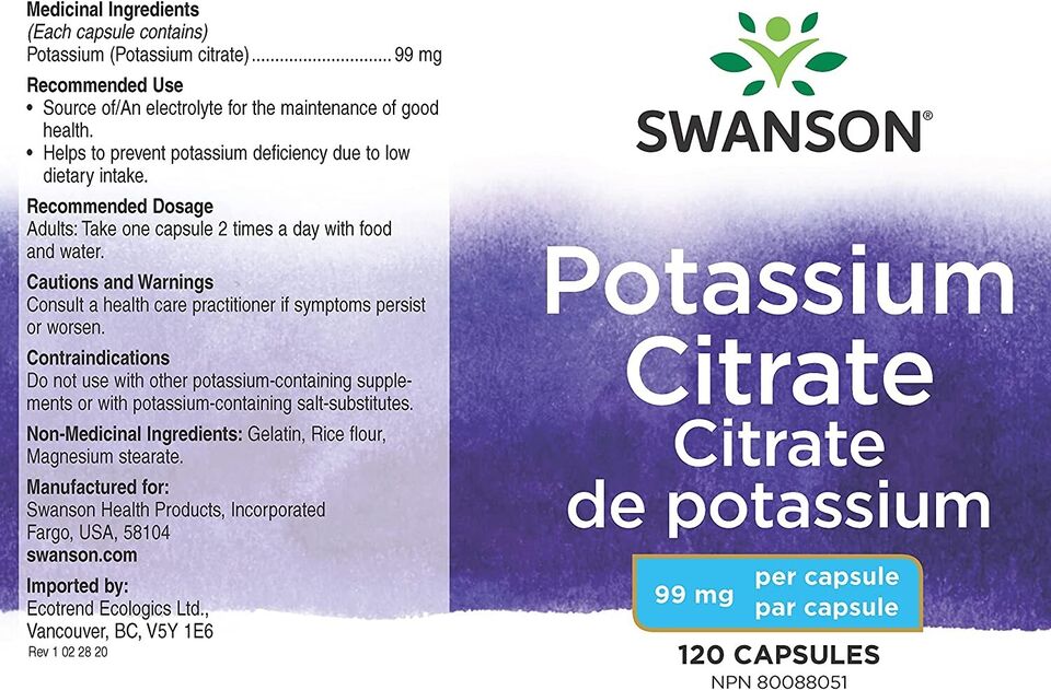 POTASSIUM Citrate 120 caps 99 mg For Heart Cardiovascular, Kindney, Nerve Health