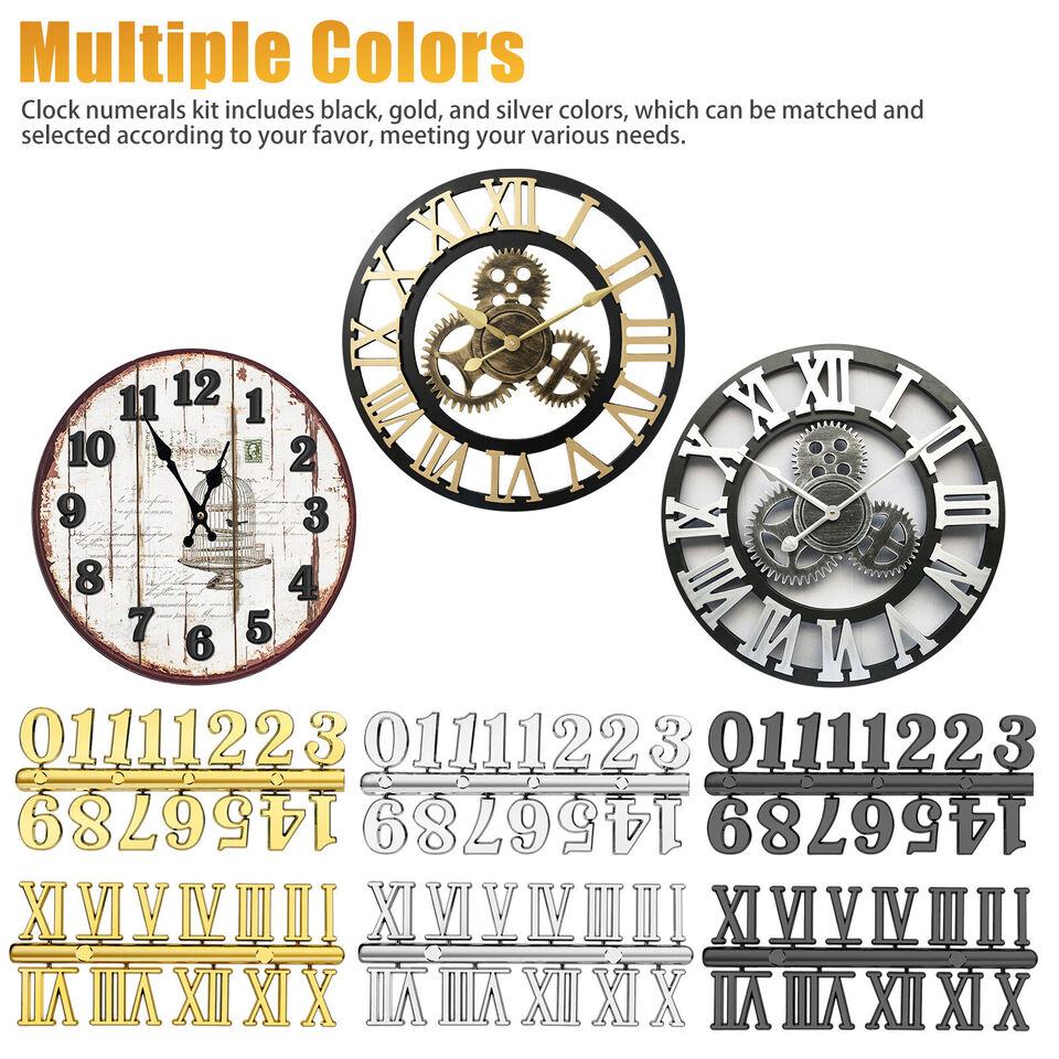 6 Pcs DIY 3D Clock Roman Numerals Kit Large Wall Sticker Art Decor Repair Tool