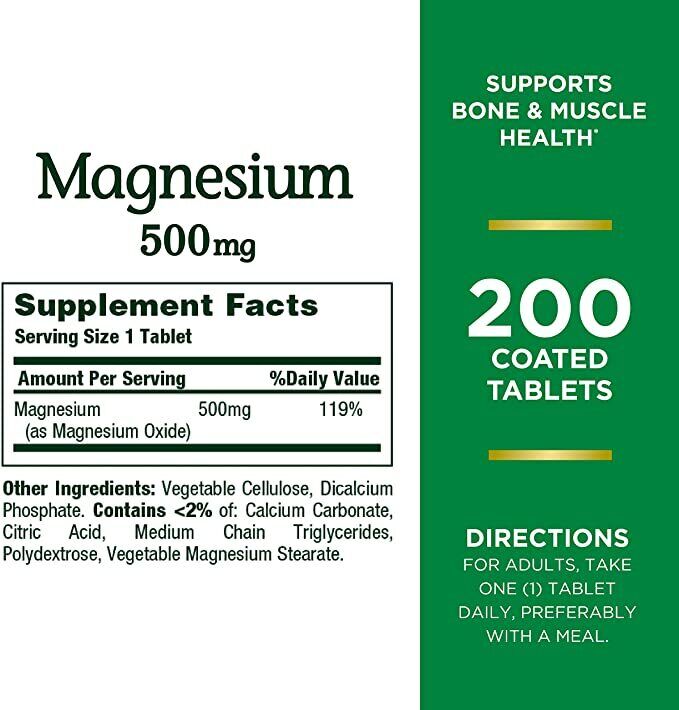 Magnesium, 500 mg - 200 Tablets - Support Bone & Muscle Health - Vegan, Non-GMO