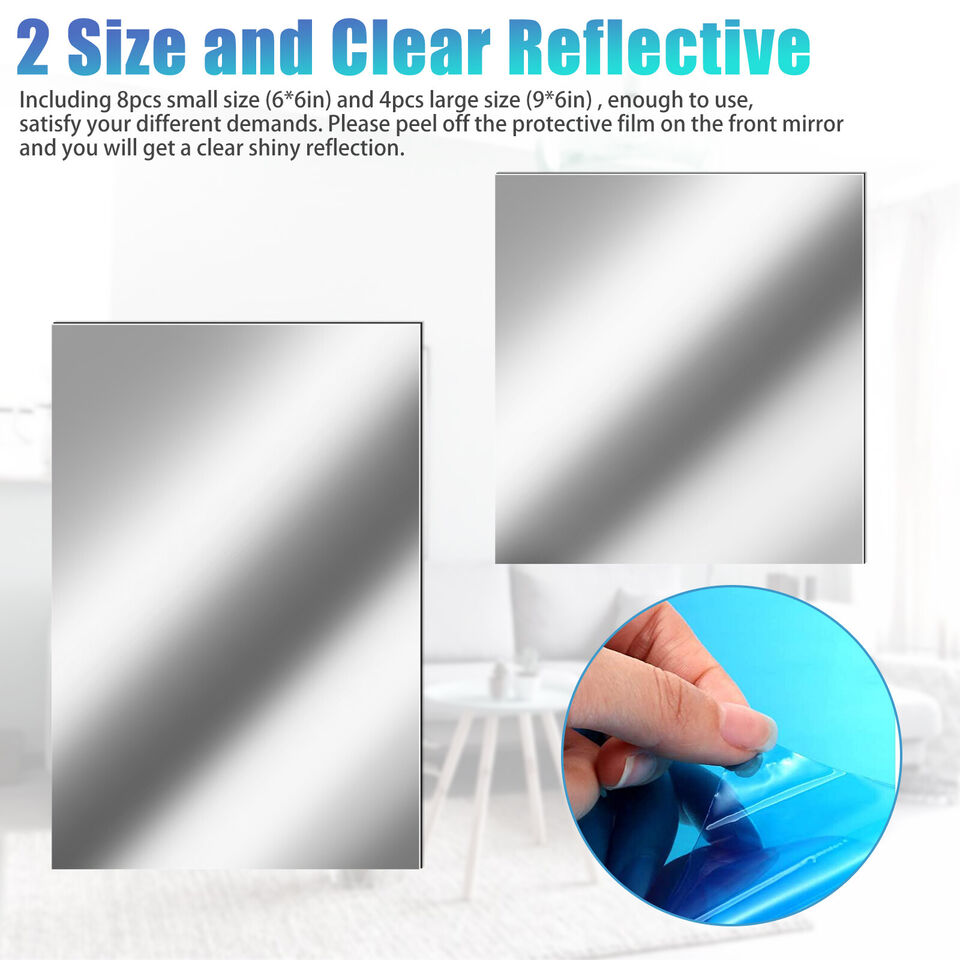 12PCS Self Adhesive Mirror Reflective Wall Sticker Film Paper Home Kitchen Decor