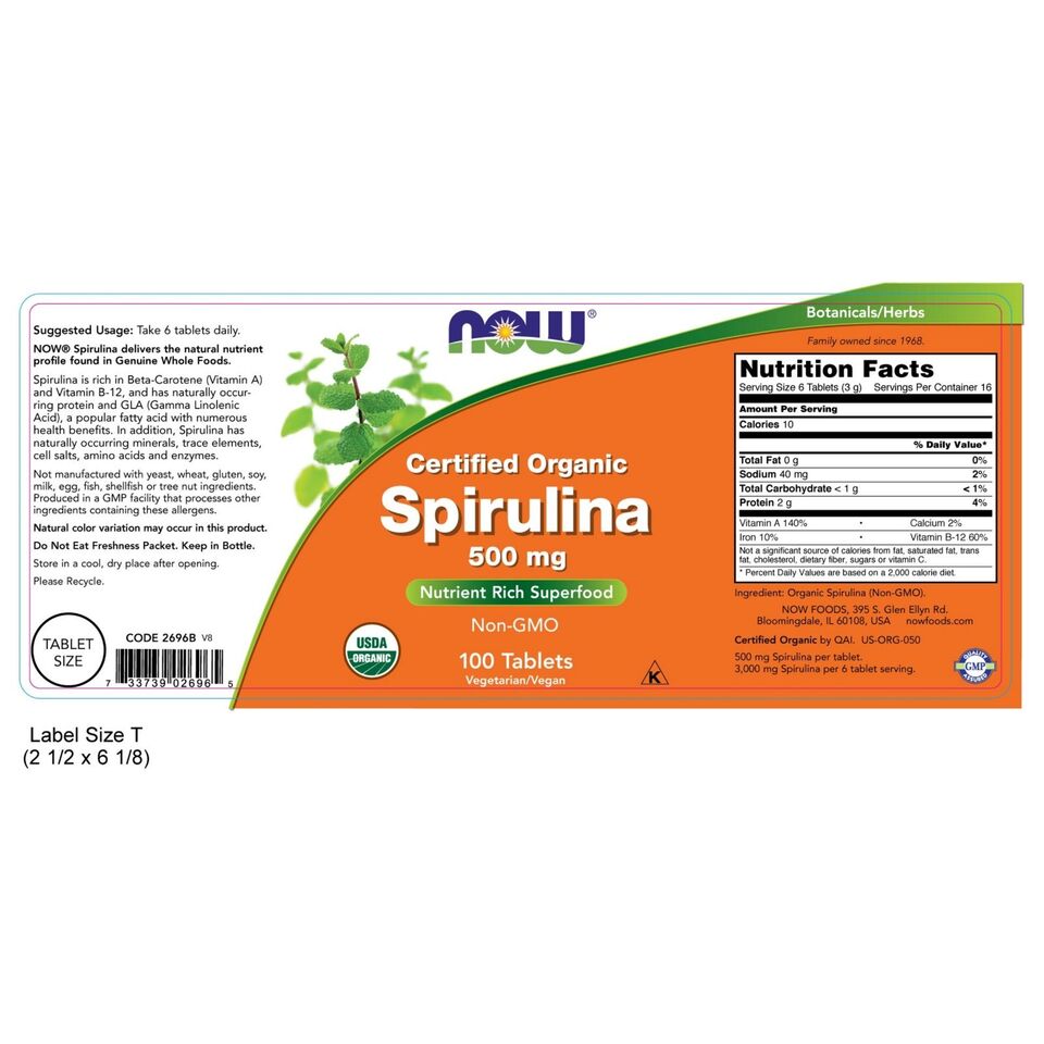 NOW Foods Spirulina, 500 mg, Organic, 100 Tablets