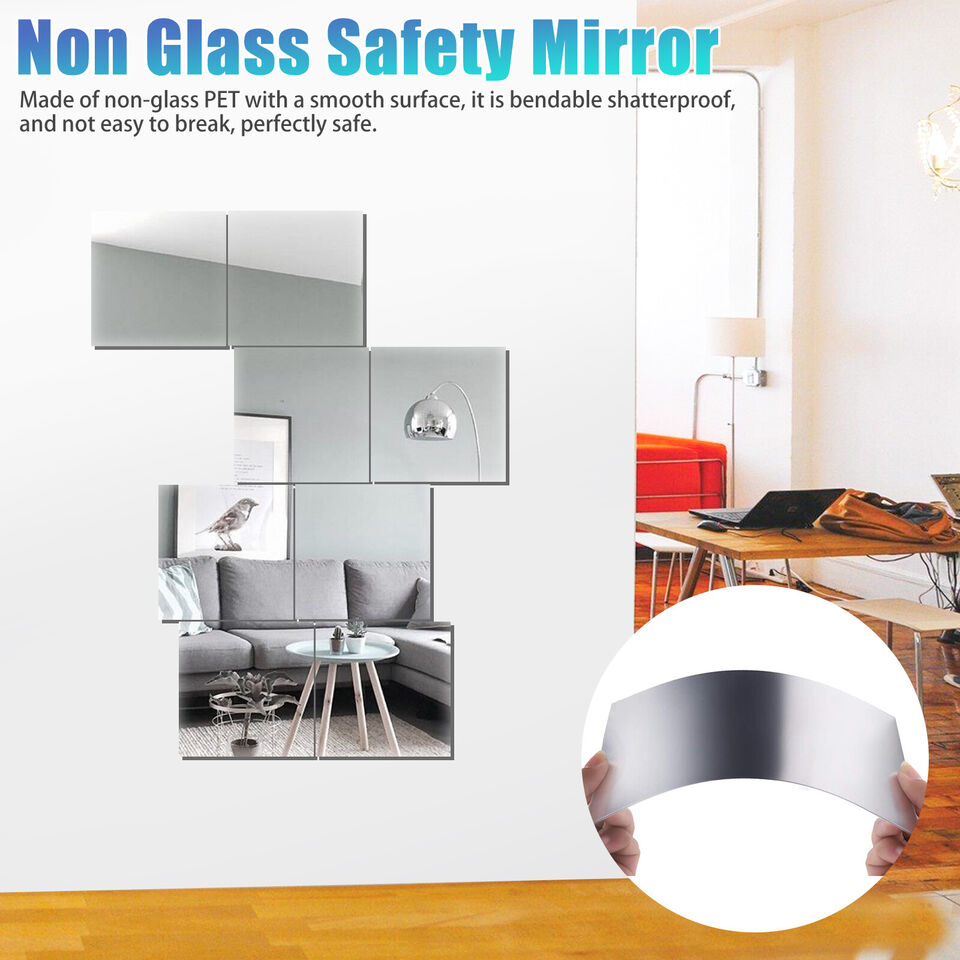 12PCS Self Adhesive Mirror Reflective Wall Sticker Film Paper Home Kitchen Decor